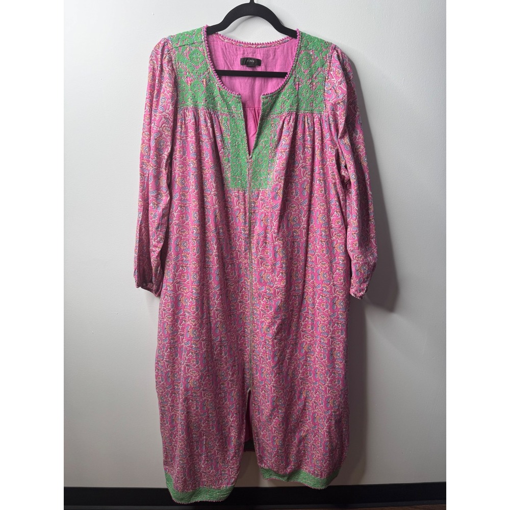 J.Crew XXL Pink Floral Block Print Cotton Maxi Dress Green Smocked Embroidered